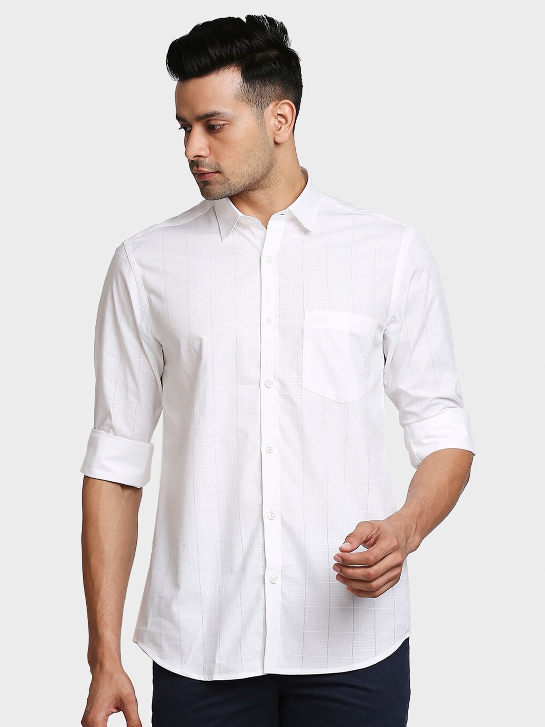 

ColorPlus Men White Tailored Fit Windowpane Checked Cotton Casual Shirt