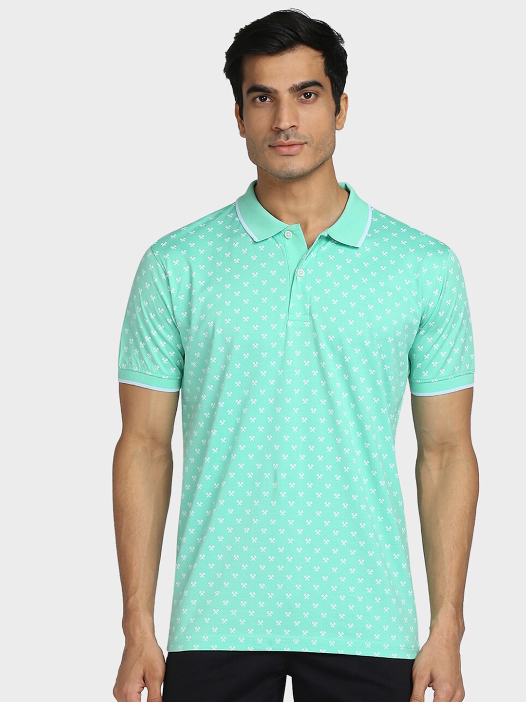 

ColorPlus Men Sea Green Geometric Printed Cotton Polo Collar T-shirt