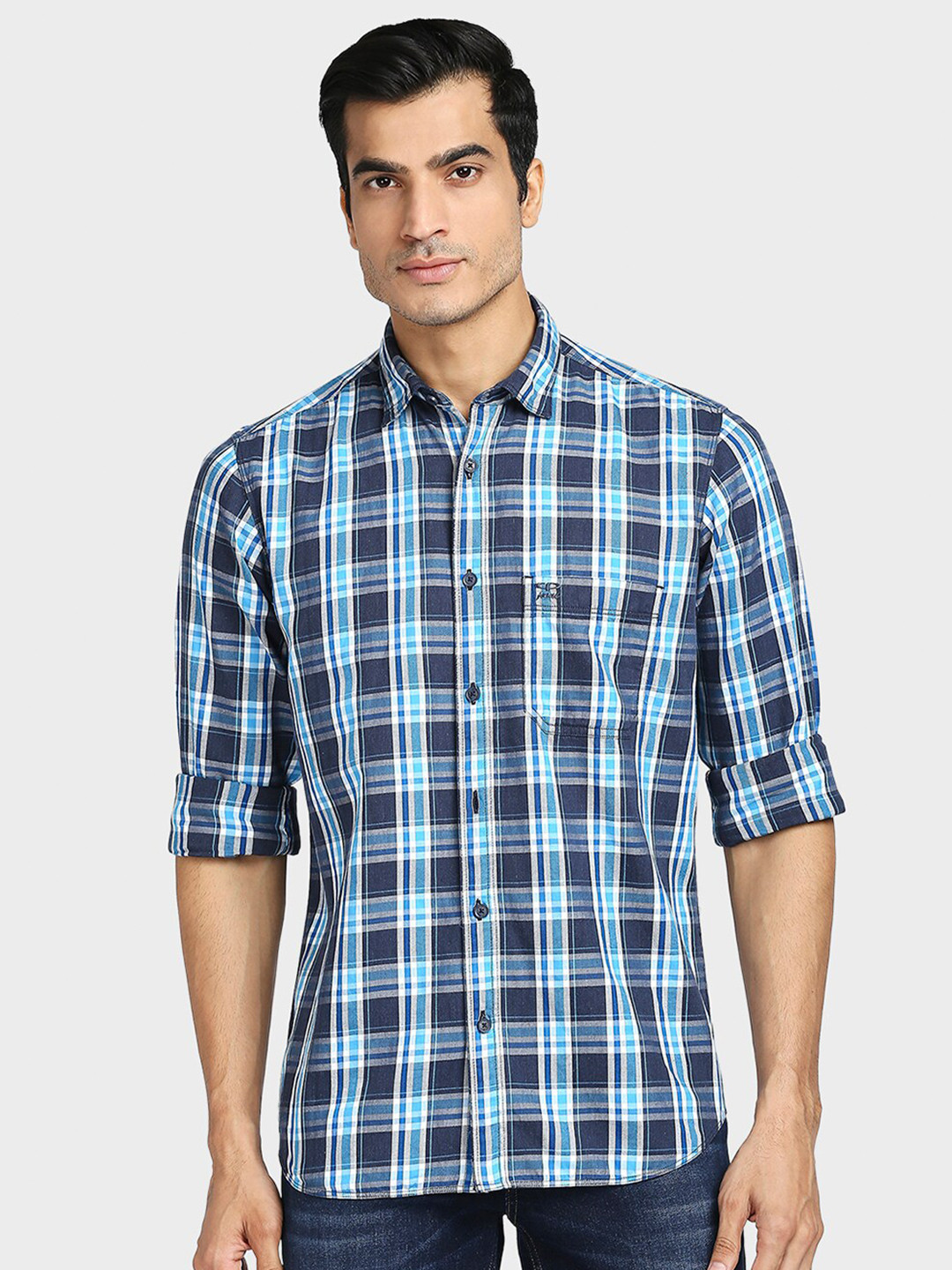 

ColorPlus Men Blue Tailored Fit Checked Casual Shirt