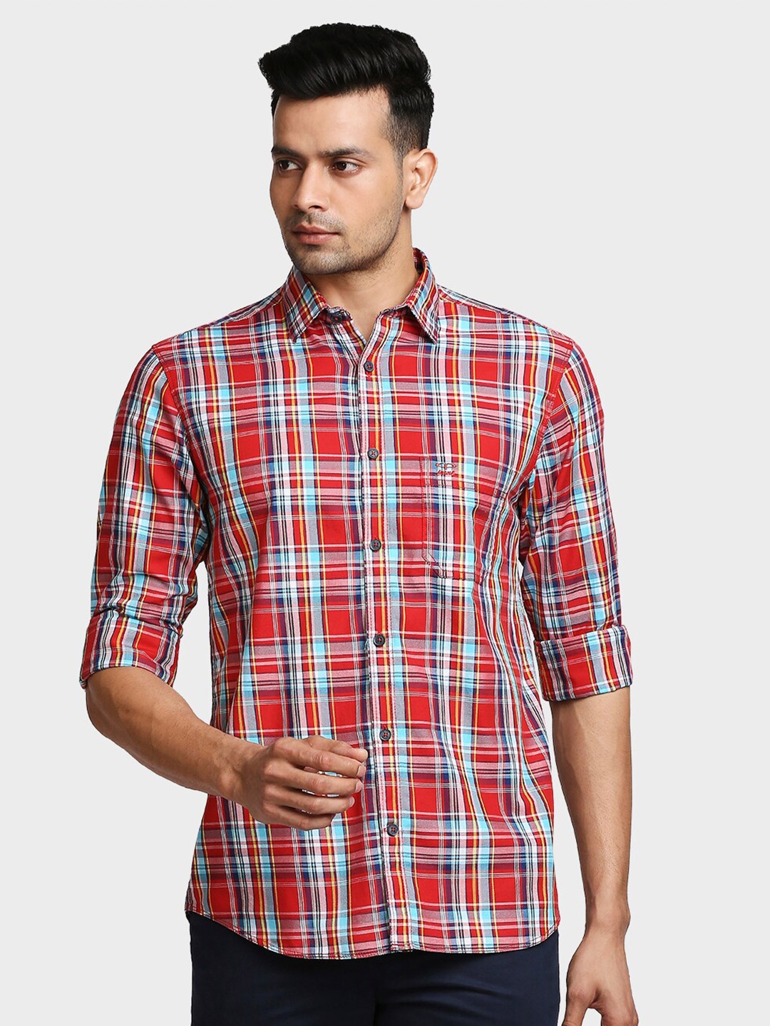 

ColorPlus Men Red Tailored Fit Checked Cotton Casual Shirt