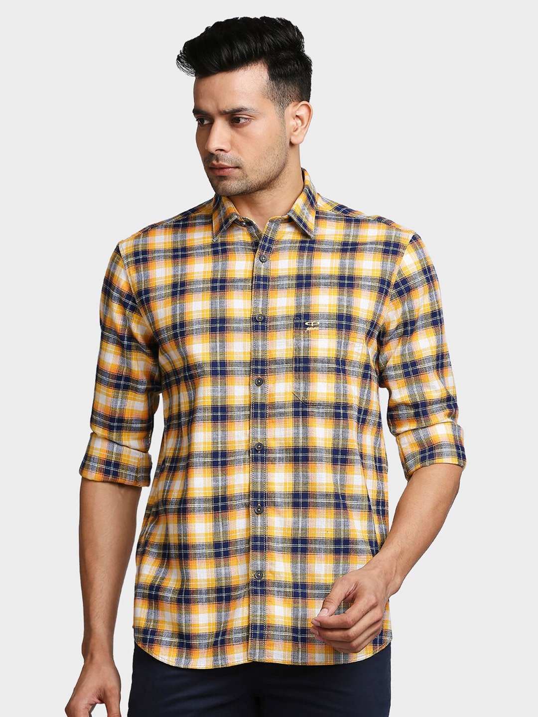 

ColorPlus Men Yellow & Blue Tailored Fit Checked Casual Shirt