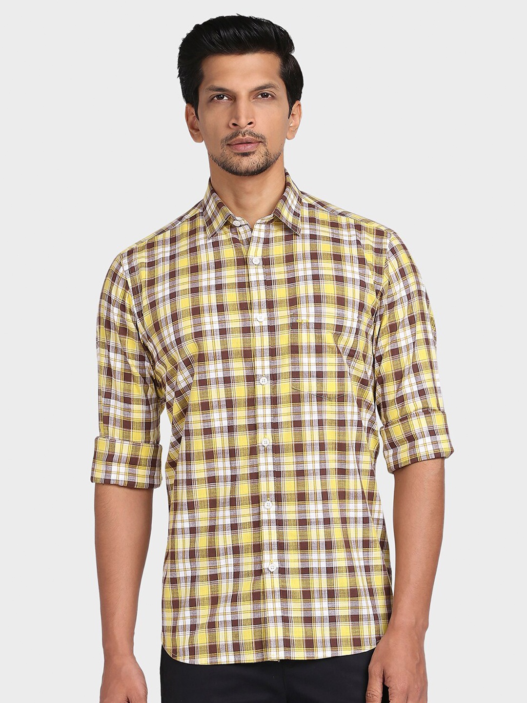 

ColorPlus Men Yellow & White Tailored Fit Checked Cotton Casual Shirt