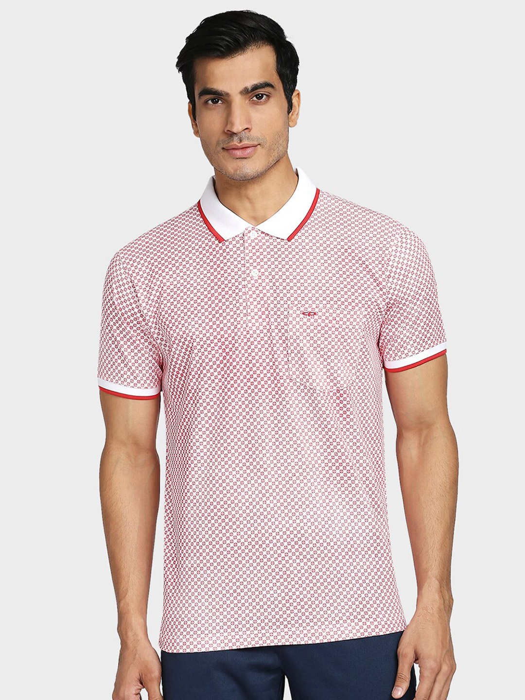 

ColorPlus Men Red & White Geometric Printed Polo Collar Cotton T-shirt