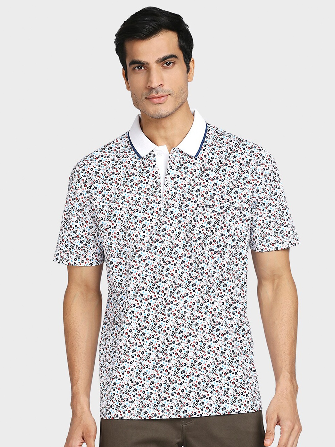 

ColorPlus Men White & Blue Floral Printed Polo Collar Cotton T-shirt