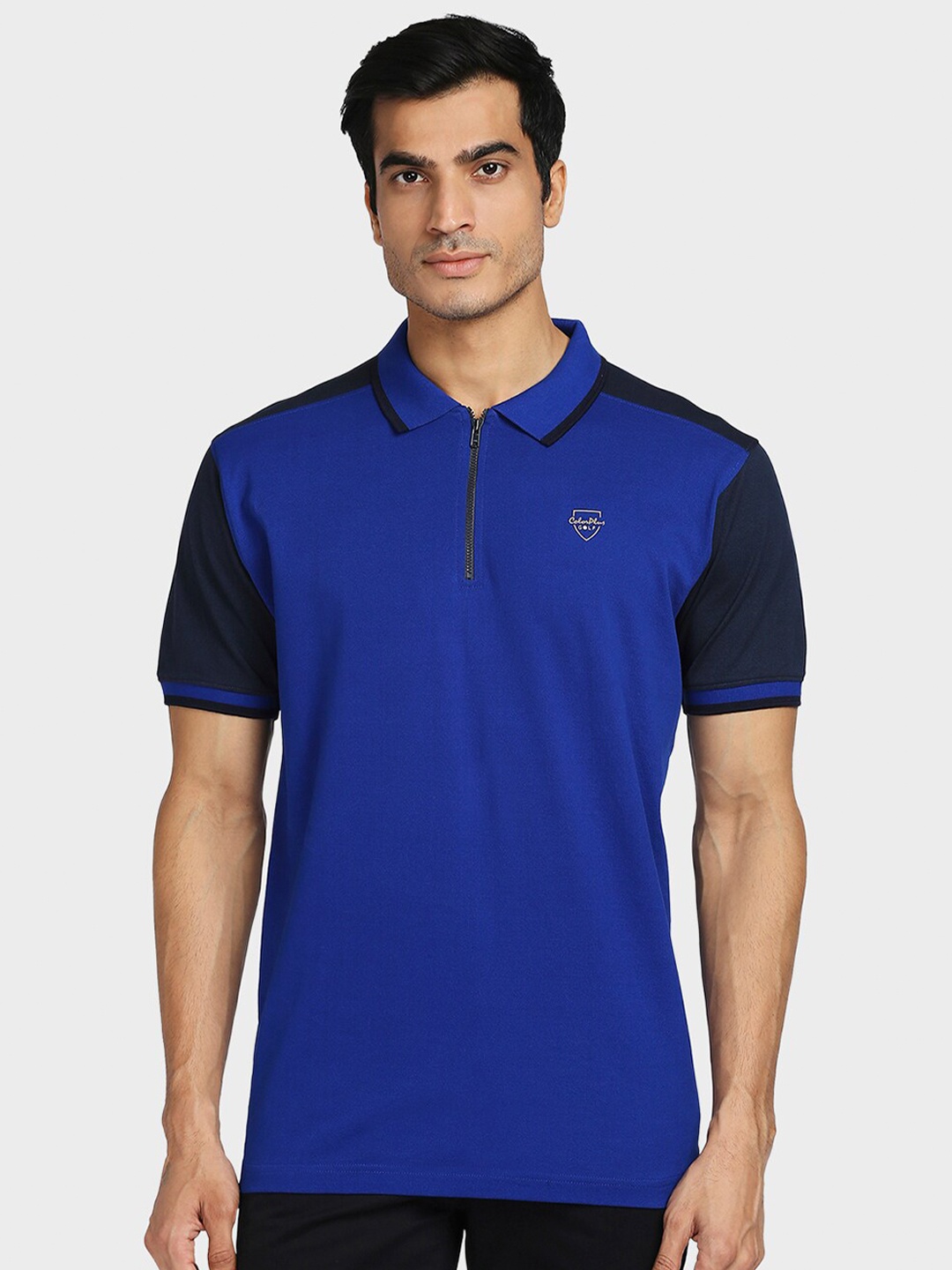 ColorPlus Men Blue & Black Polo Collar Cotton T-shirt