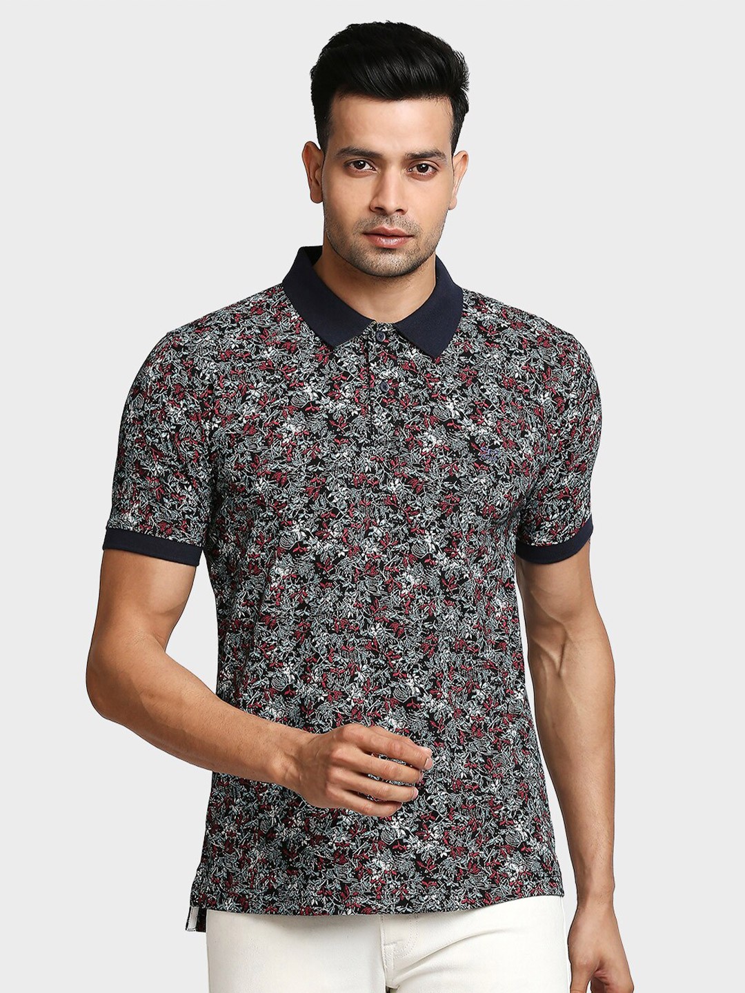 

ColorPlus Men Blue Floral Printed Cotton Polo Collar T-shirt