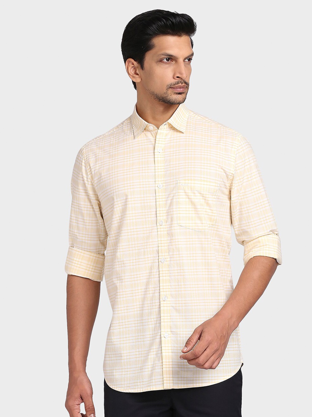 

ColorPlus Men Yellow & White Tailored Fit Checked Cotton Casual Shirt