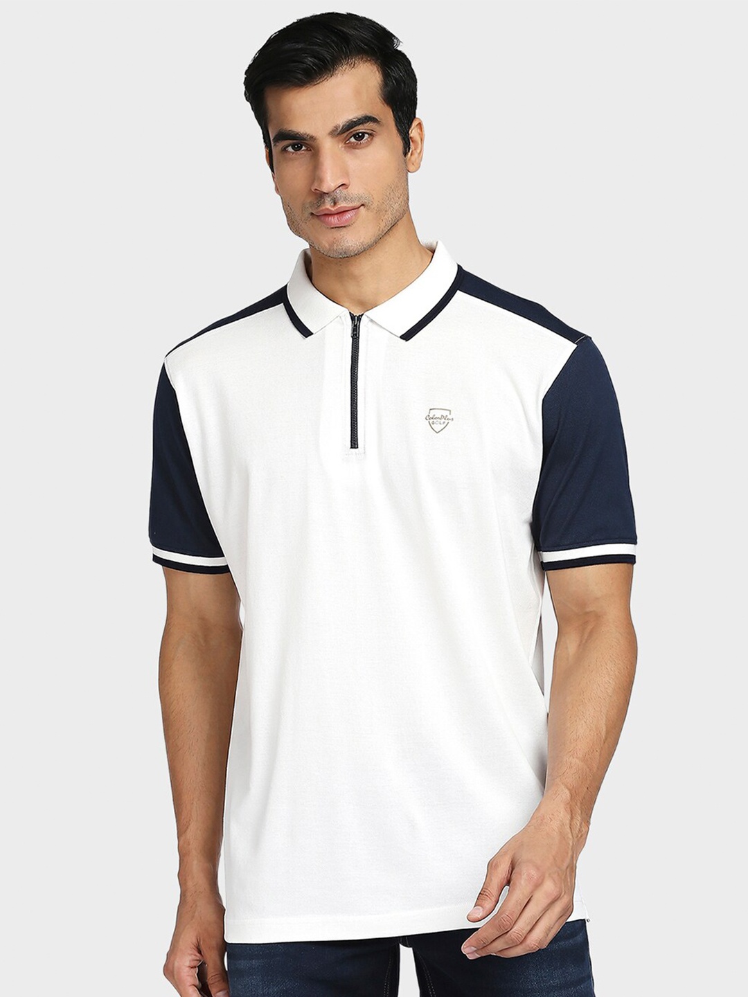 

ColorPlus Men White & Blue Colourblocked Polo Collar Cotton T-shirt