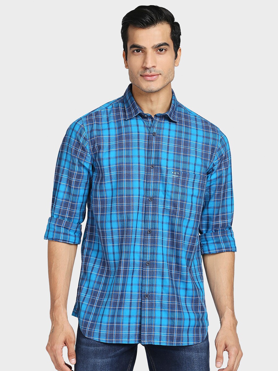 

ColorPlus Men Blue Tailored Fit Tartan Checks Checked Cotton Casual Shirt