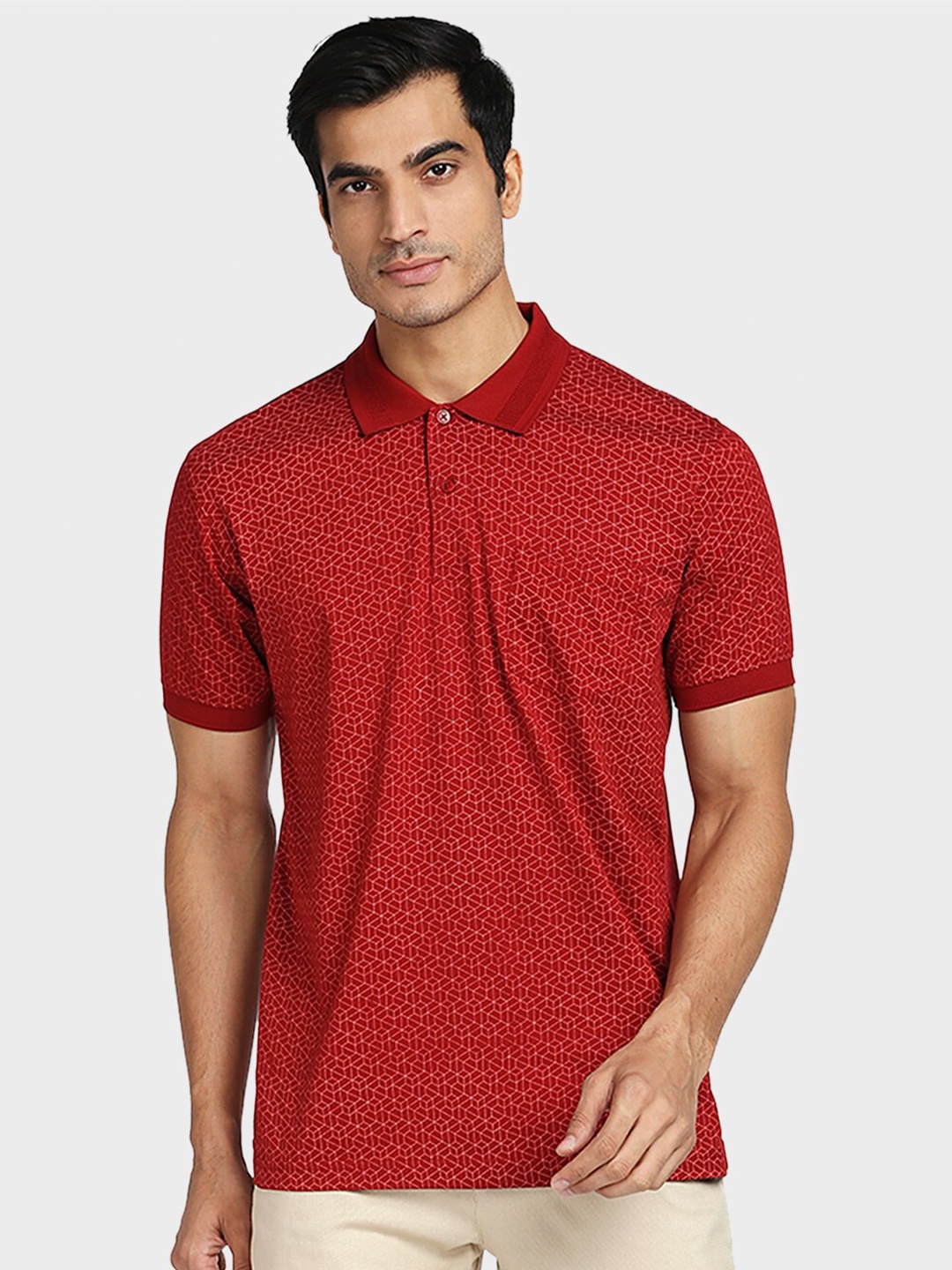 

ColorPlus Men Maroon Geometric Printed Cotton Polo Collar T-shirt