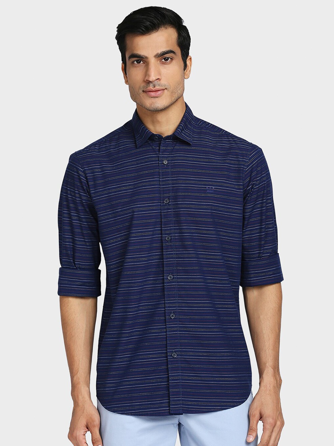 

ColorPlus Men Blue Tailored Fit Horizontal Stripes Striped Cotton Casual Shirt