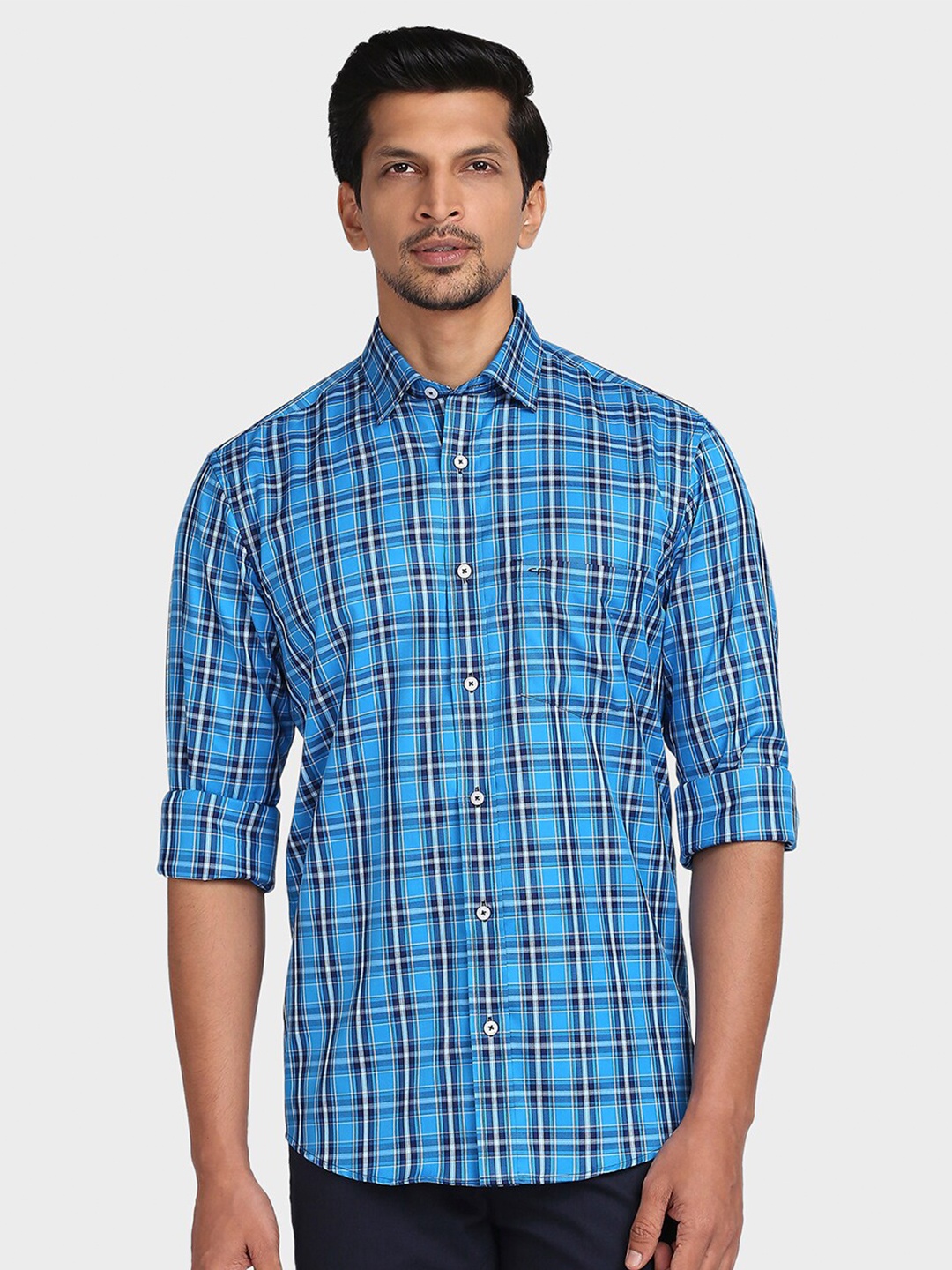 

ColorPlus Men Blue Tailored Fit Checked Cotton Casual Shirt