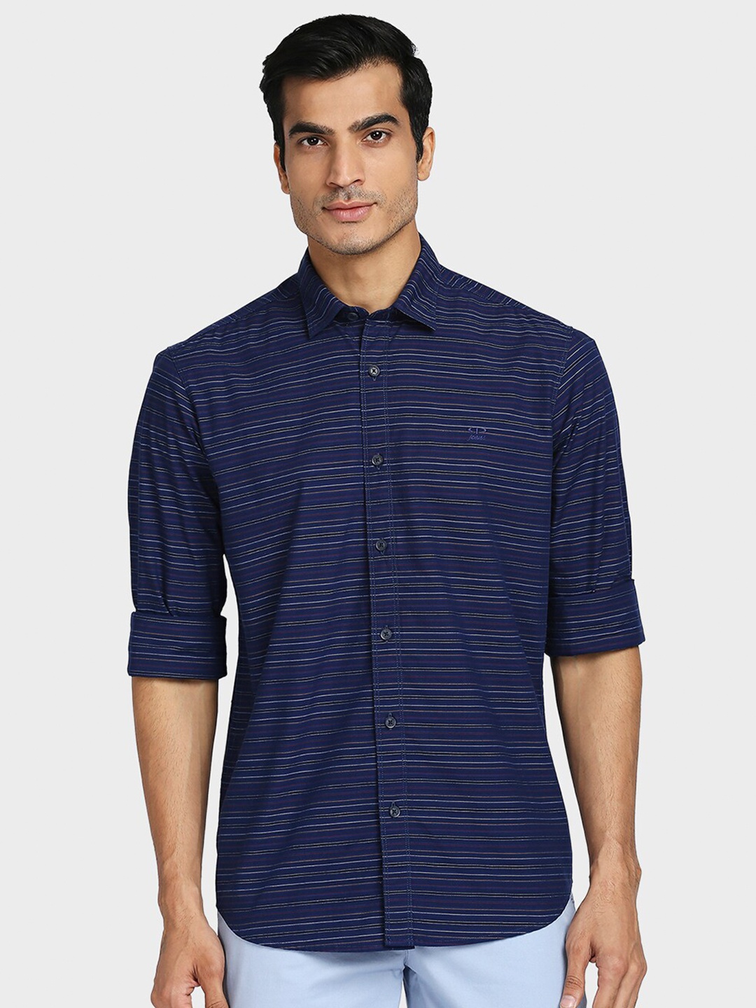 

ColorPlus Men Blue Slim Fit Horizontal Striped Cotton Casual Shirt