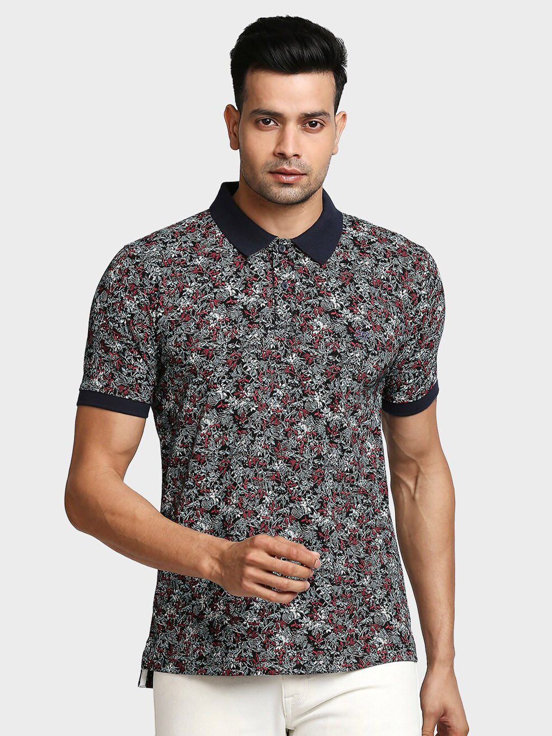 

ColorPlus Men Navy Blue & White Floral Printed Polo Collar Cotton T-shirt