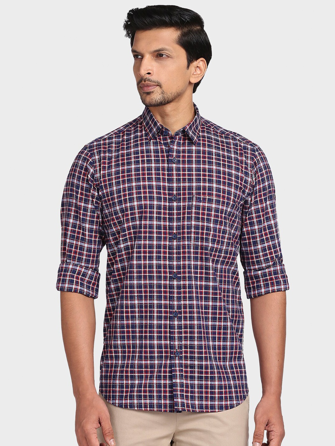 

ColorPlus Men Navy Blue Tailored Fit Tartan Checks Cotton Casual Shirt