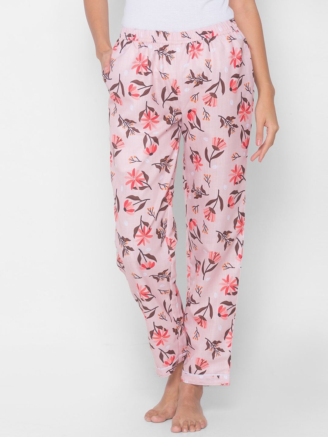 

NOIRA Women Pink & Brown Floral Printed Mid-Rise Cotton Lounge Pants