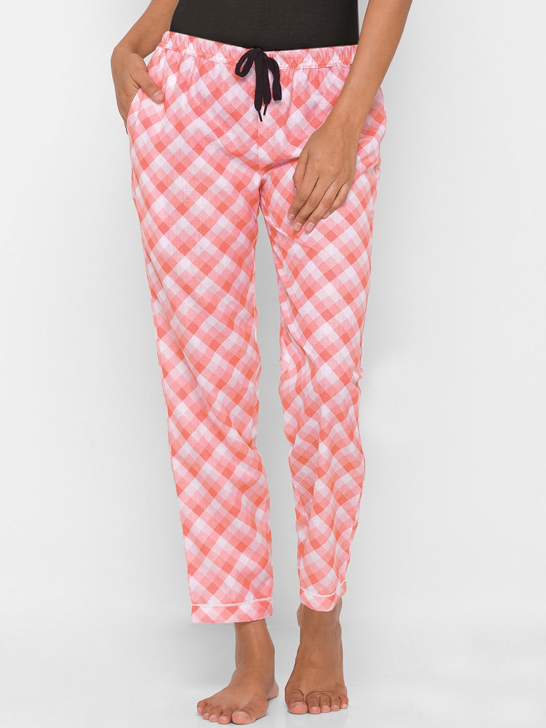 

NOIRA Women Peach-Coloured & White Checked Cotton Lounge Pants