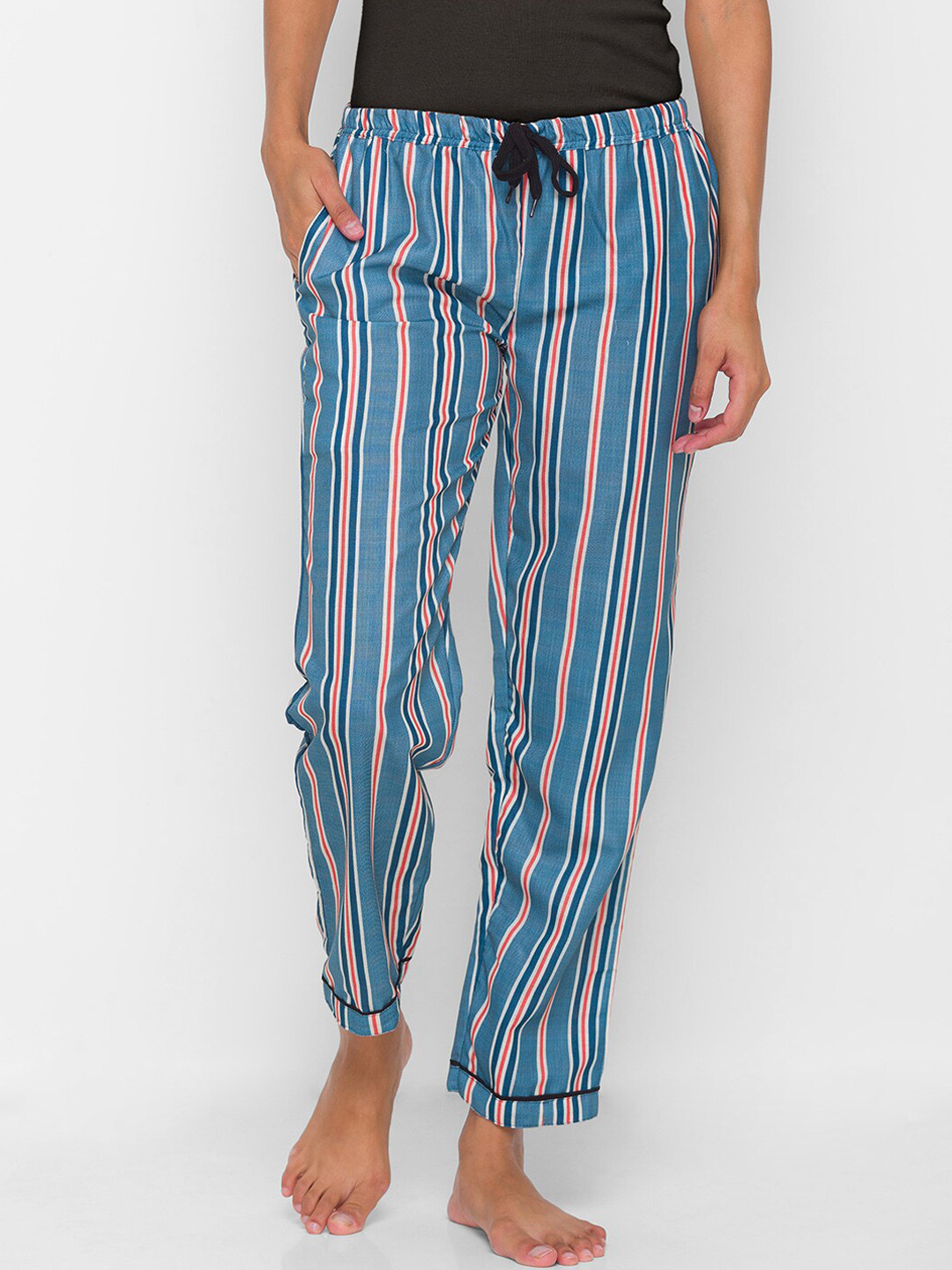 

NOIRA Women Blue & Red Striped Mid-Rise Cotton Lounge Pants