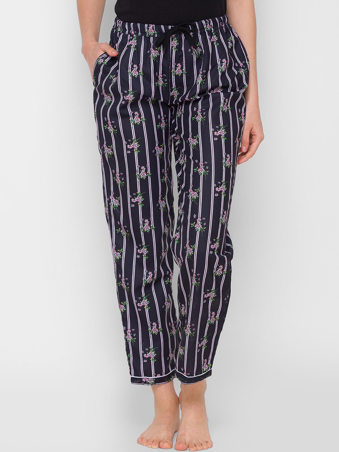 

NOIRA Women Black Striped Cotton Lounge Pant