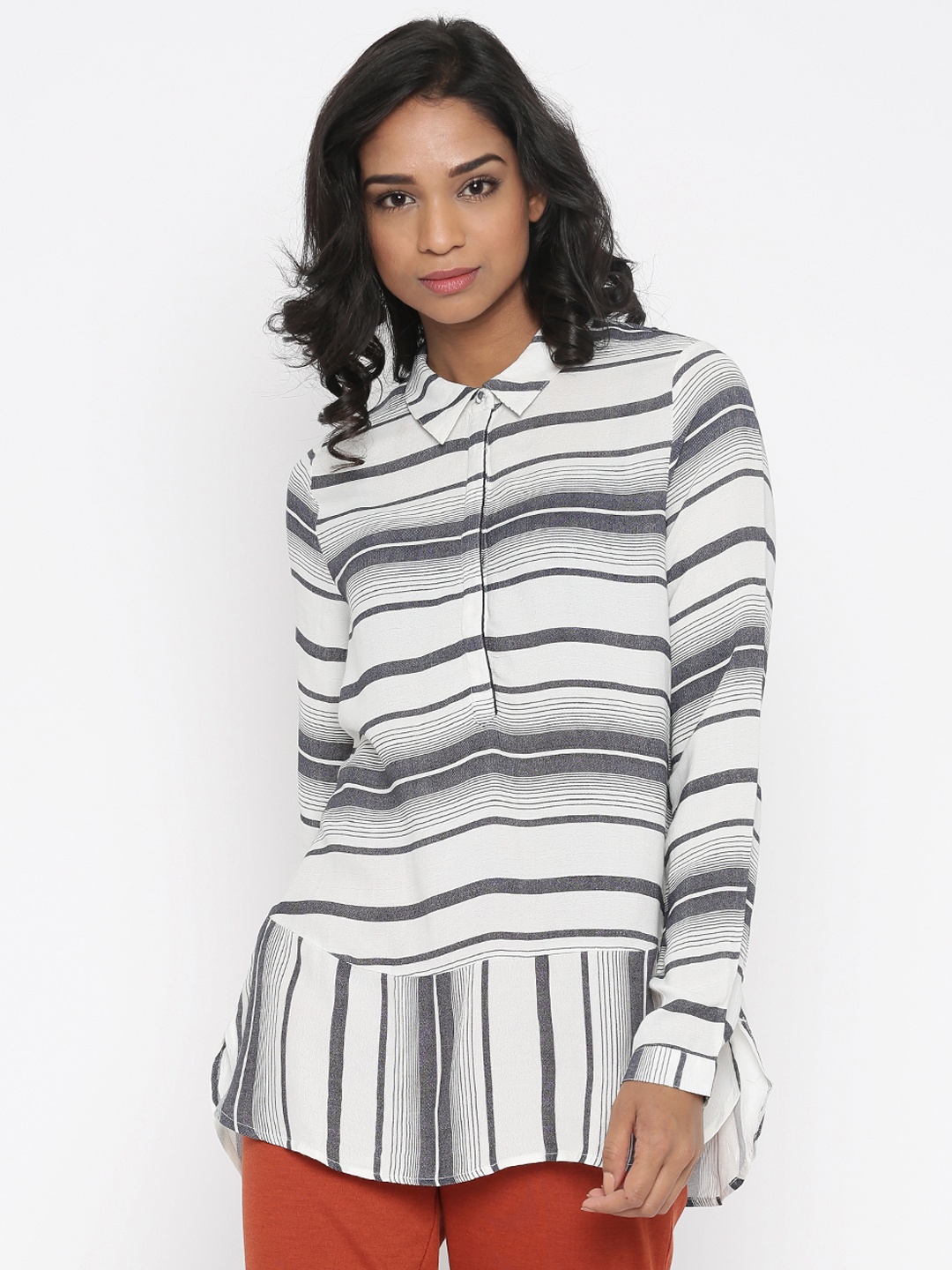 

Vero Moda Women White & Grey Striped Shirt-Style Top