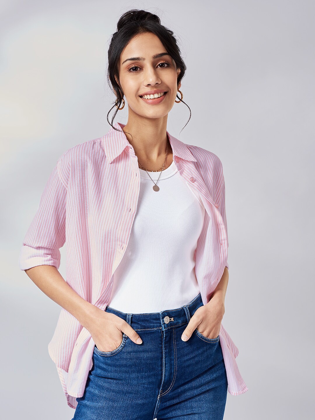 

The Souled Store Women Pink & White High Low Comfort Striped Cotton Linen Casual Shirt