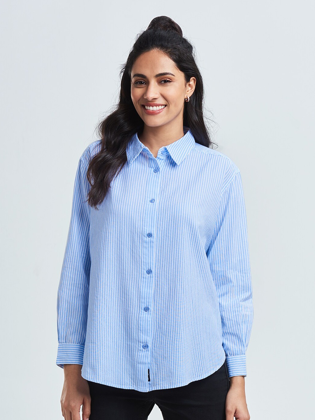 

The Souled Store Women Blue Comfort Cotton Blend Striped Casual Shirt