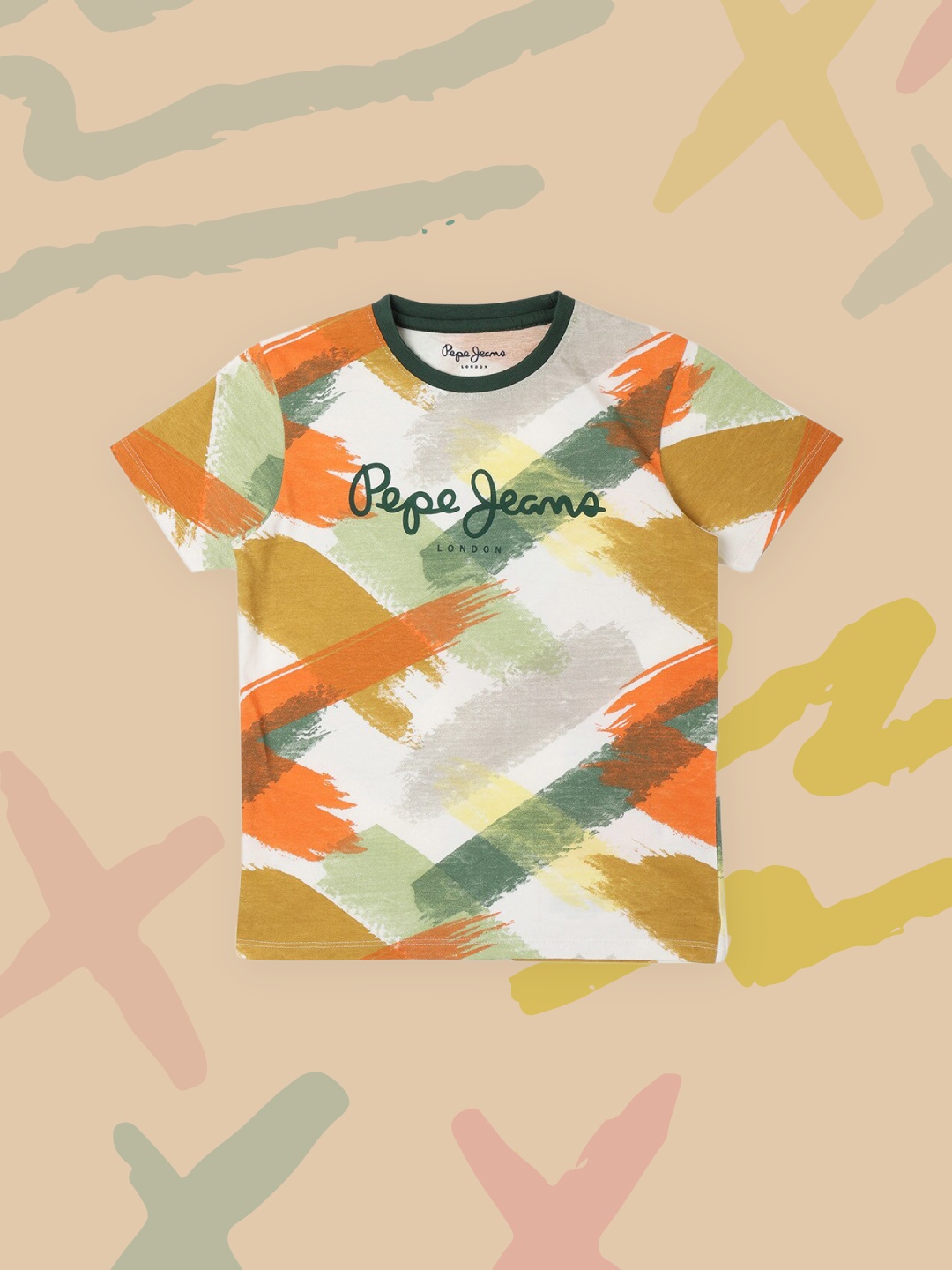 

Pepe Jeans Boys Beige & Orange Printed Regular Fit Cotton T-shirt