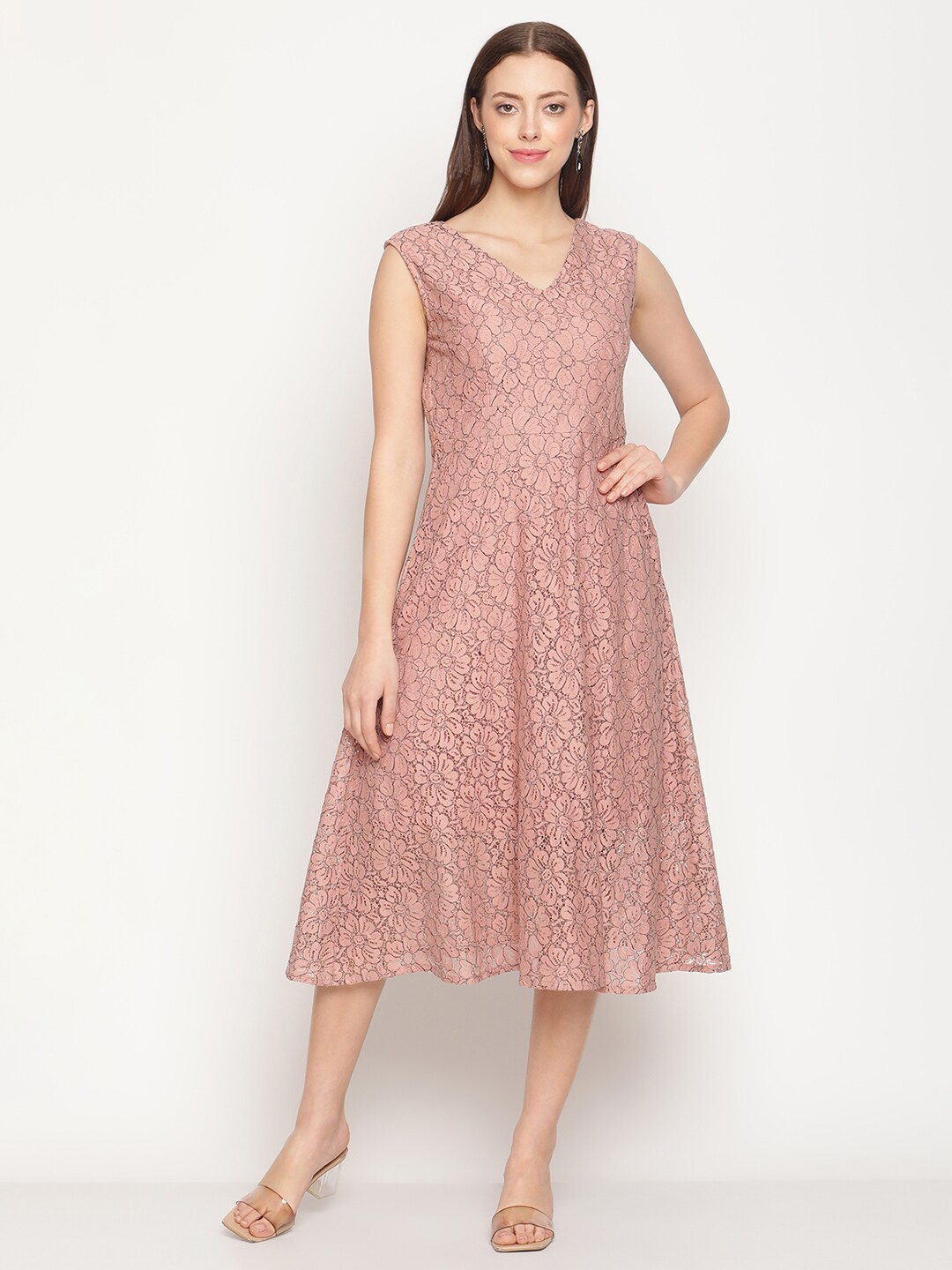 

METTLE Women Coral Pink Floral Cotton Midi Dress