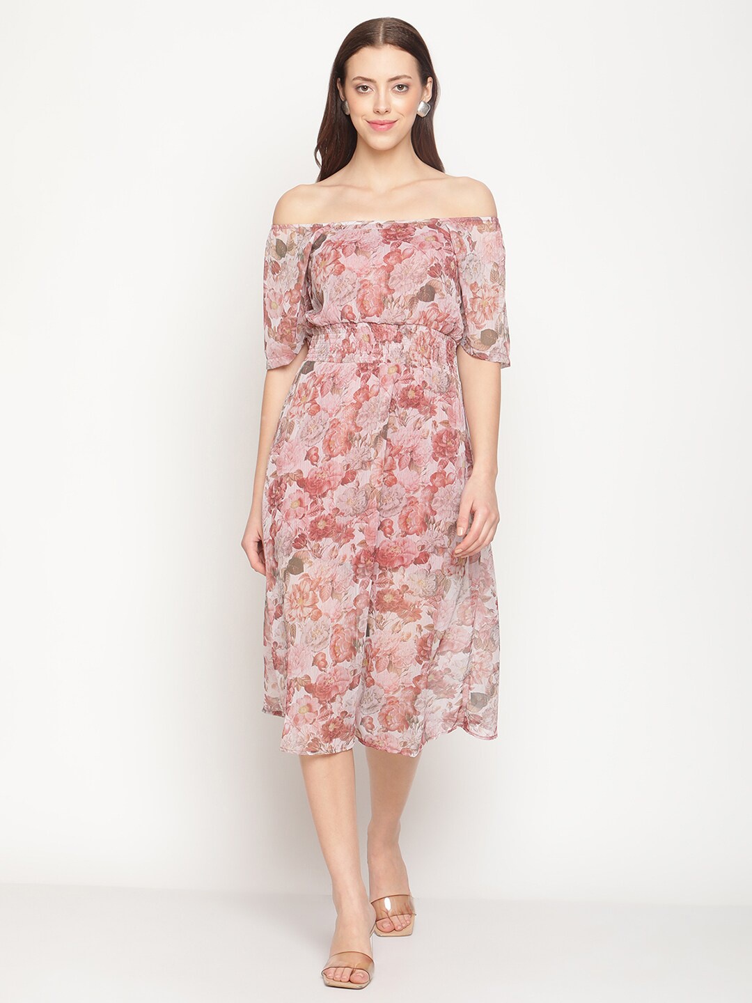 

METTLE Pink & White Floral Off-Shoulder Cotton Midi Dress