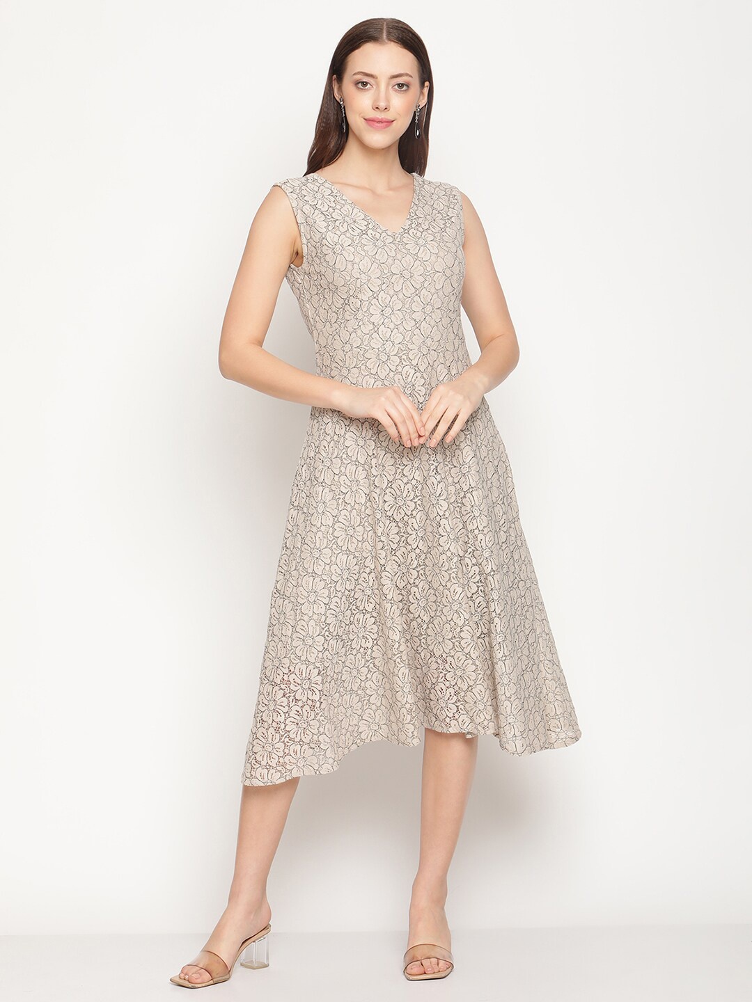 

METTLE Beige Floral A-Line Cotton Midi Dress