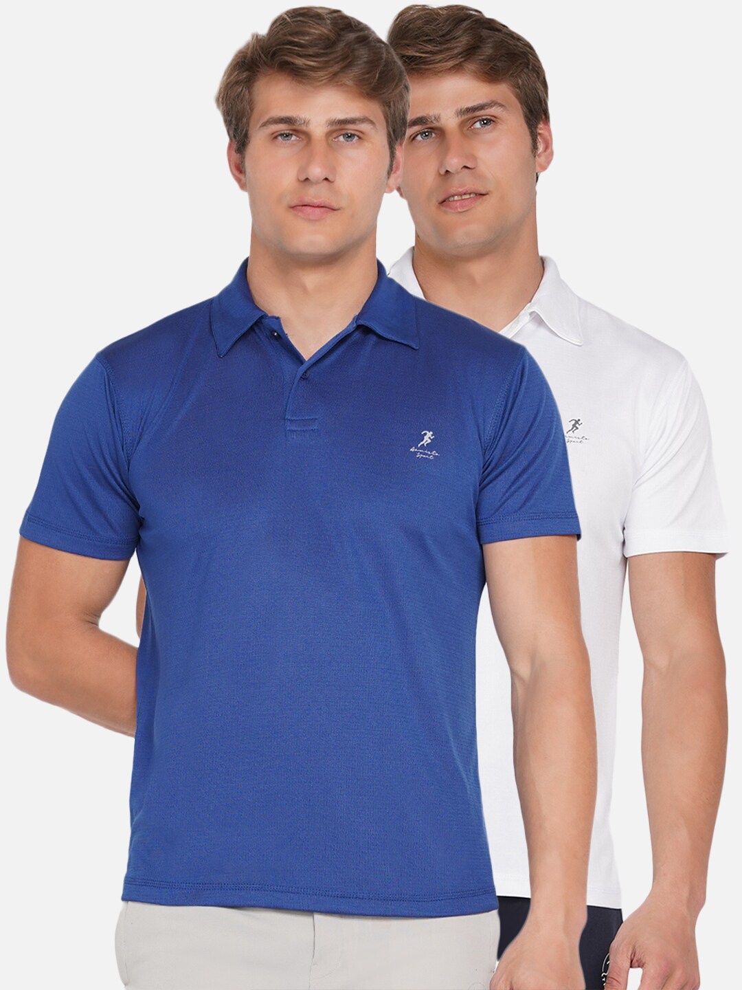 

ARMISTO Men Blue & White Polo Collar Dri-FIT Training or Gym T-shirt Set Of 2