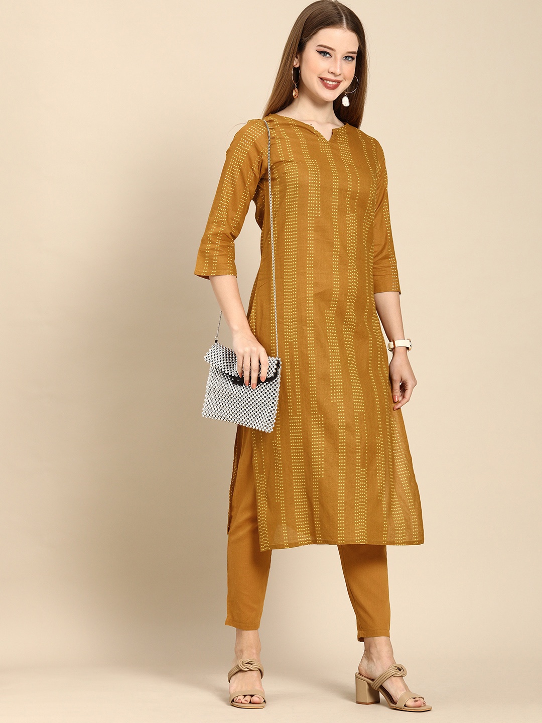 

Anouk Women Mustard Yellow Printed Pure Cotton Kurta with Trousers