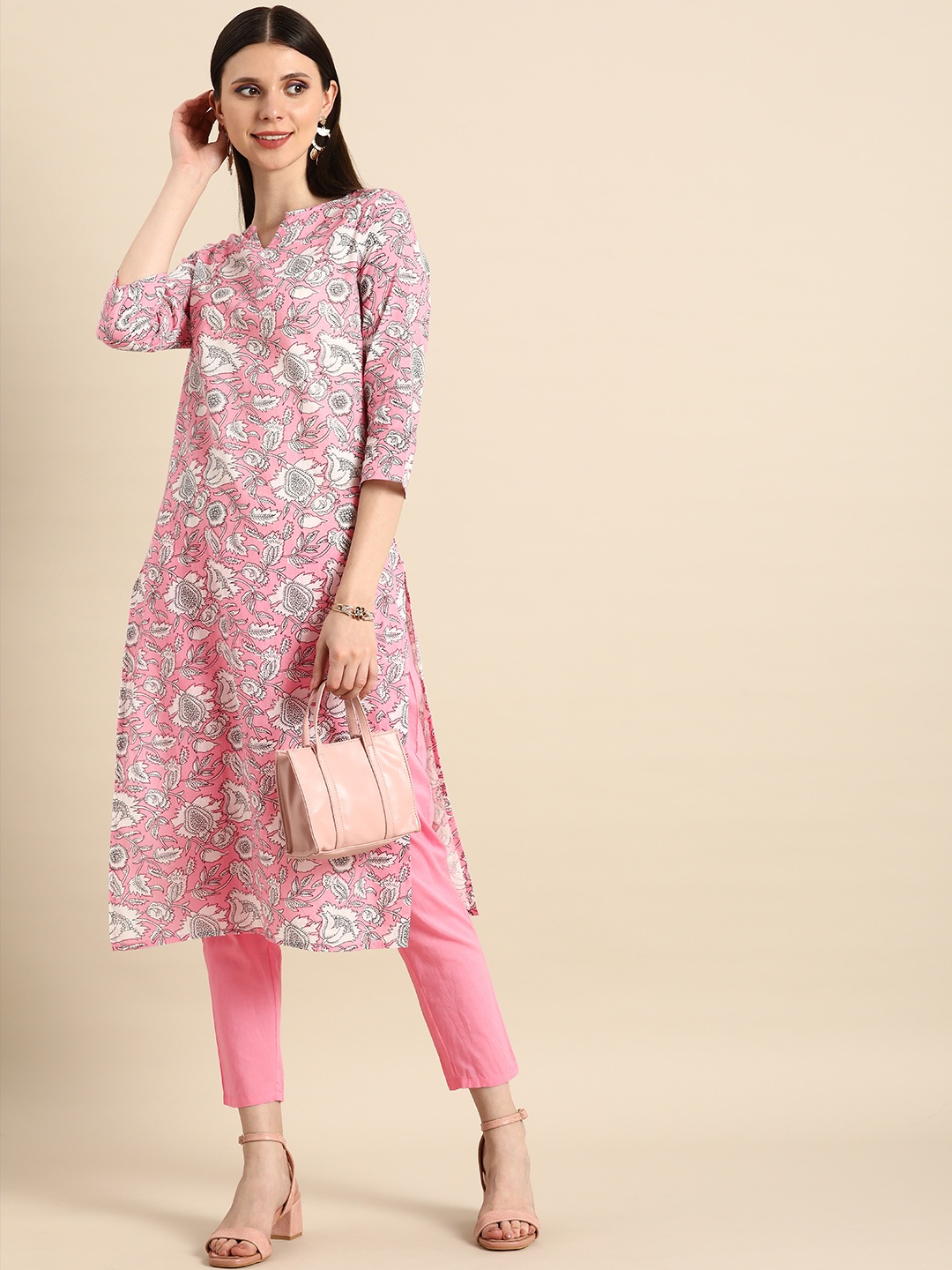 

Anouk Women Pink & White Floral Printed Pure Cotton Kurta with Trousers