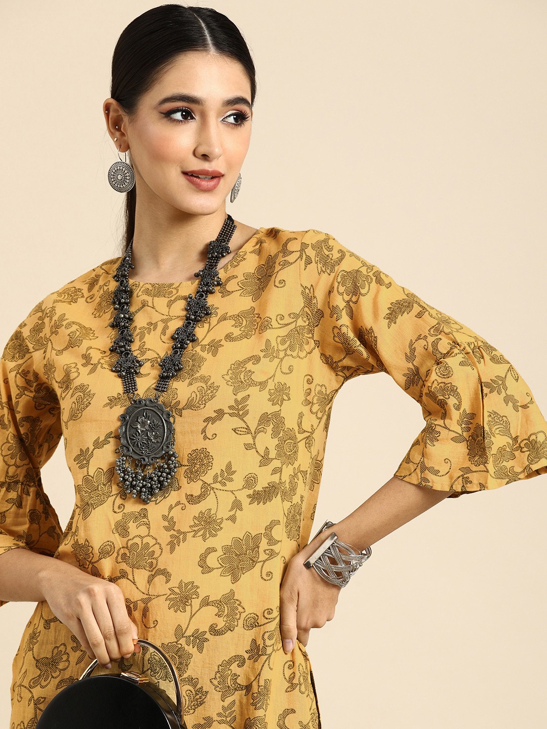 

Anouk Women Beige & Olive Green Tropical Printed Bell Sleeves Pure Cotton A-Line Kurta