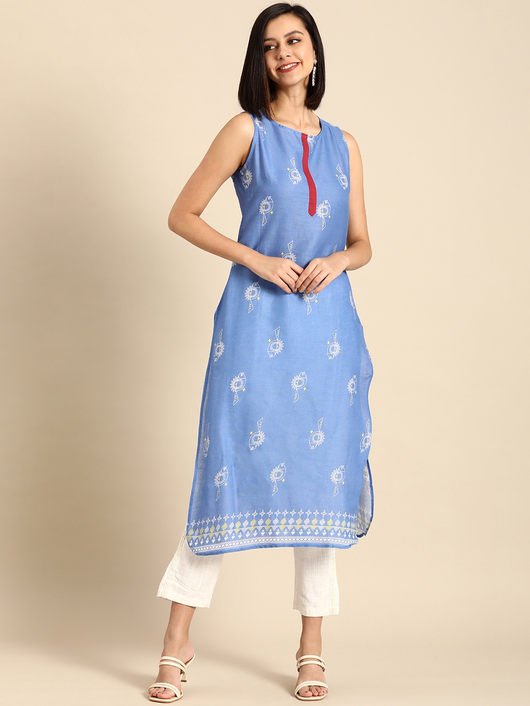 

Anouk Women Blue & White Quirky Printed Pure Cotton Straight Kurta