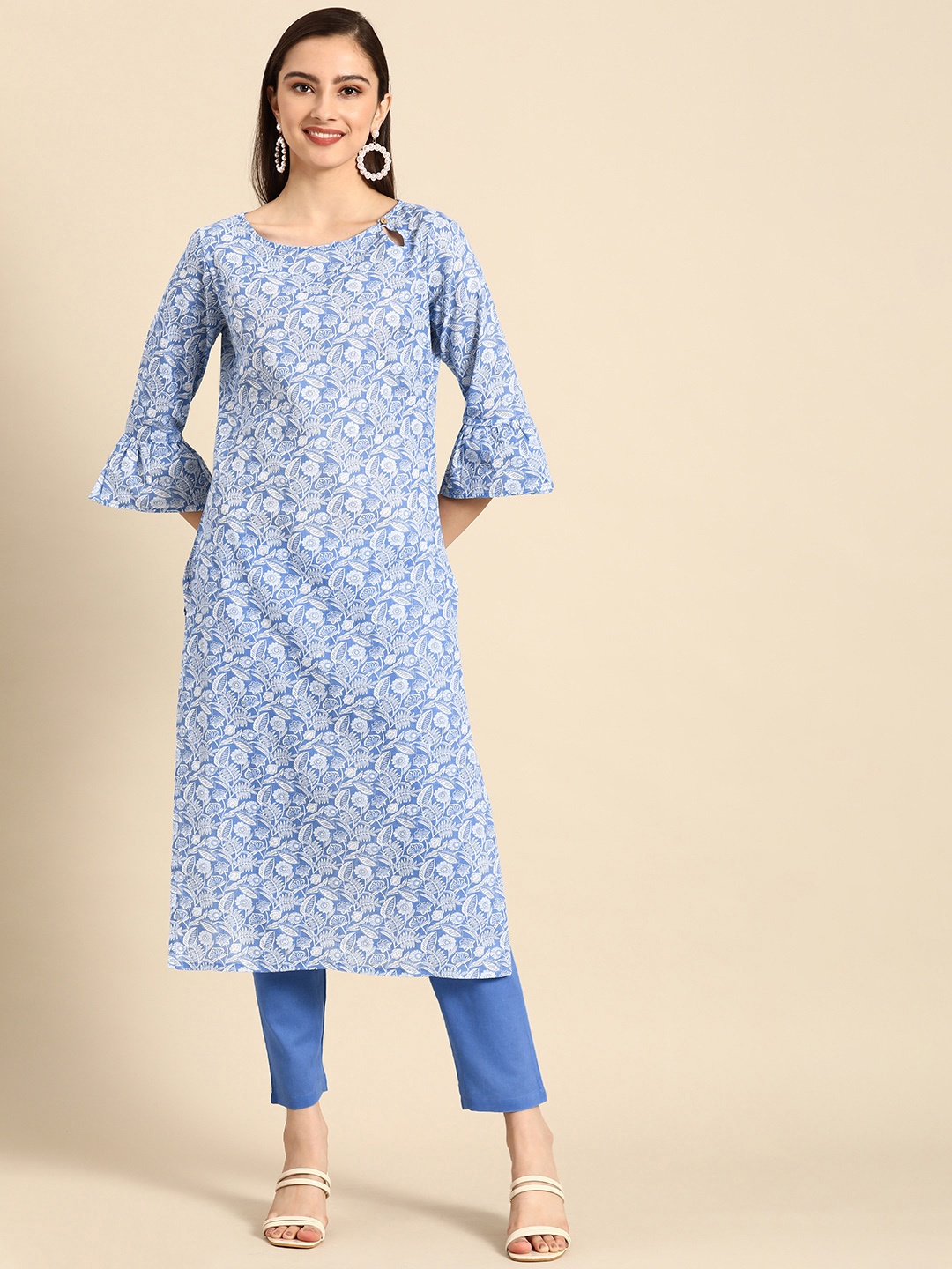 

Anouk Women Blue Floral Printed Pure Cotton Kurta with Trousers