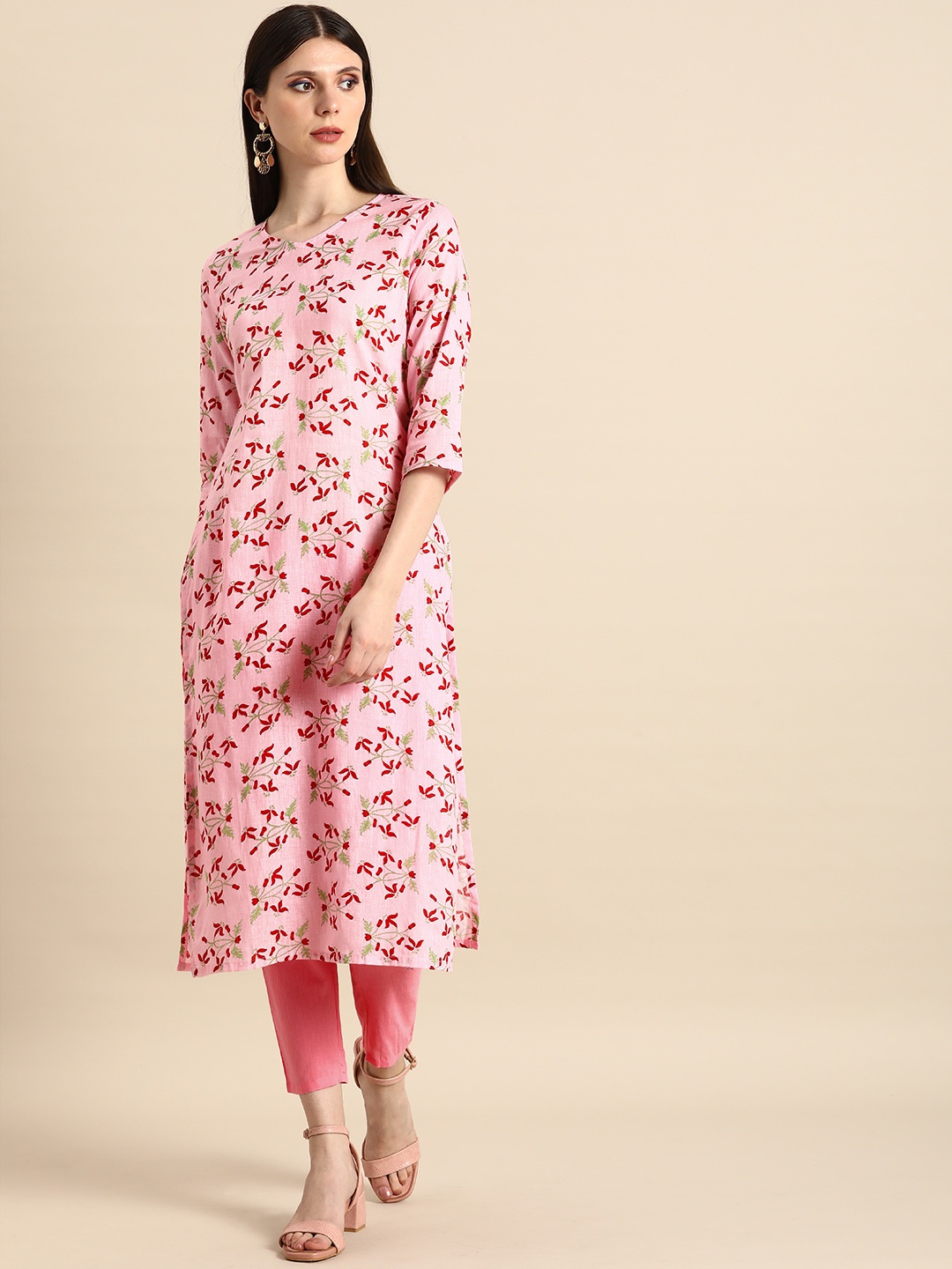

Anouk Women Pink & Red Floral Printed Pure Cotton Kurta