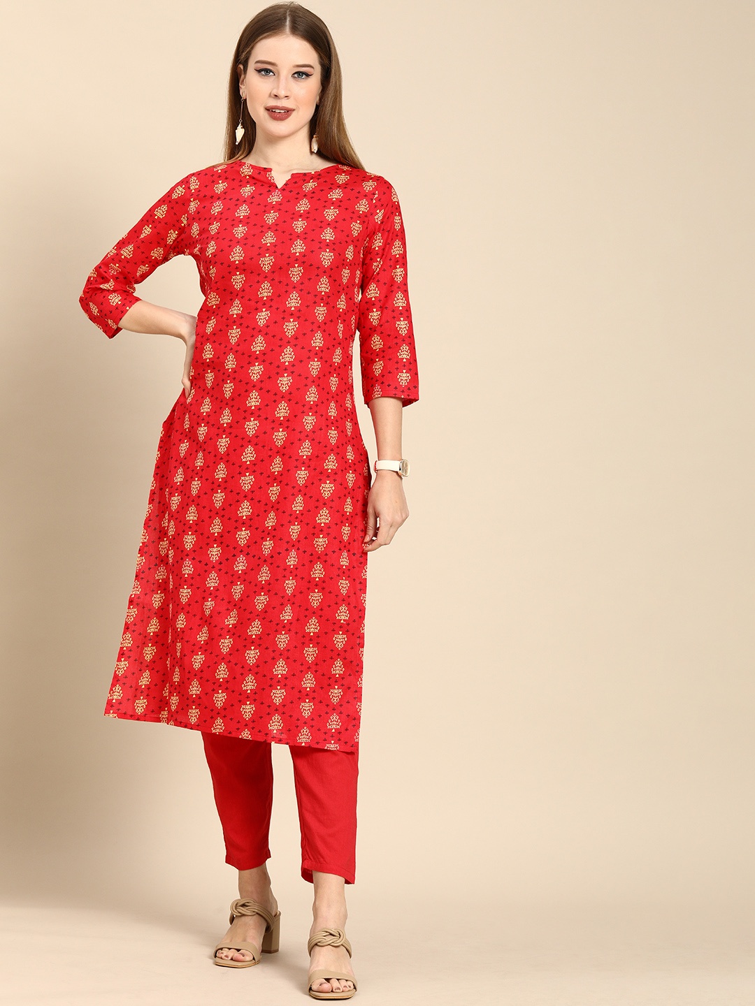 

Anouk Women Red Ethnic Motifs Printed Pure Cotton Kurta with Trousers