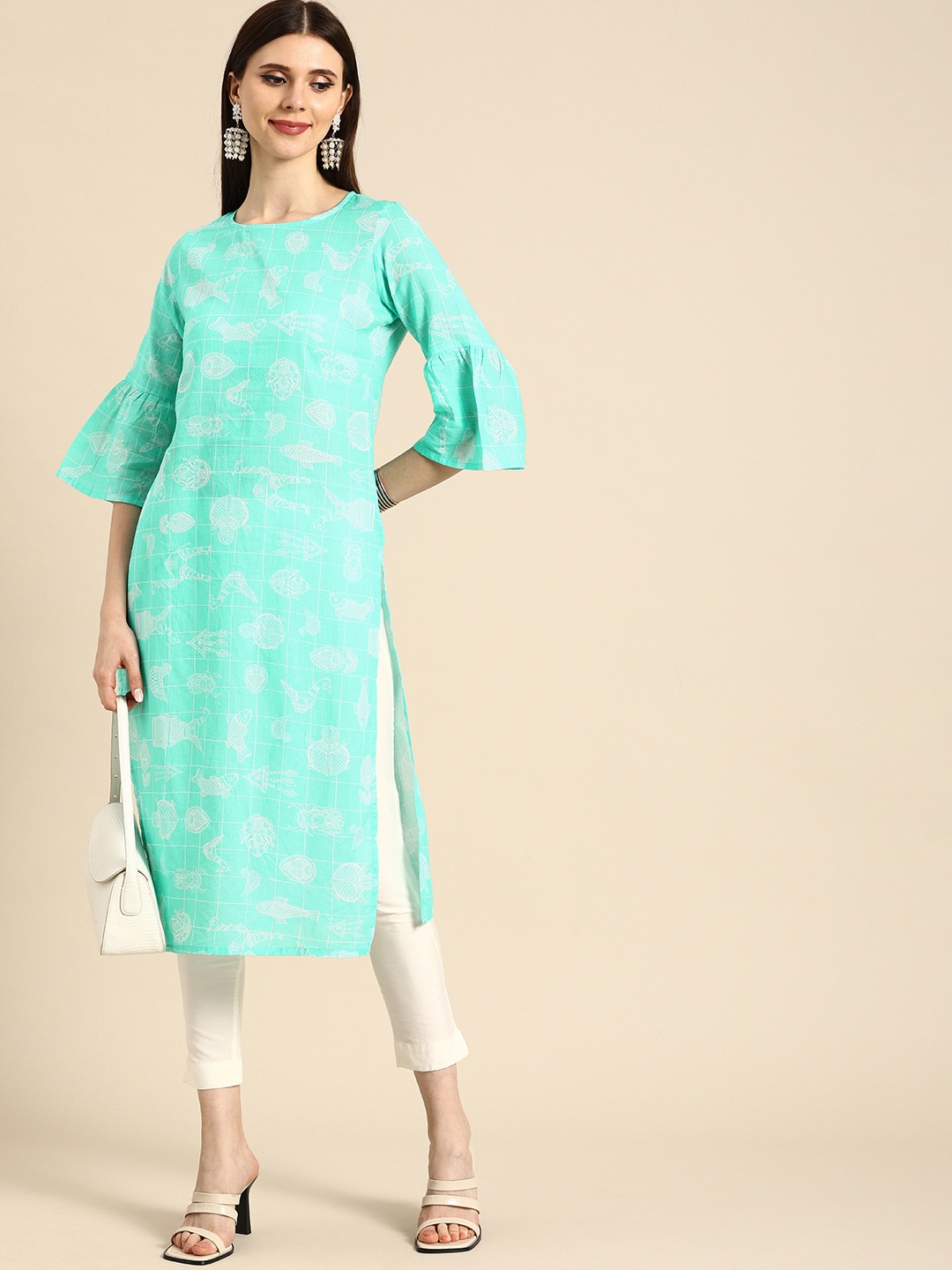 

Anouk Women Mint Green & White Checked And Printed Bell Sleeves Pure Cotton Kurta