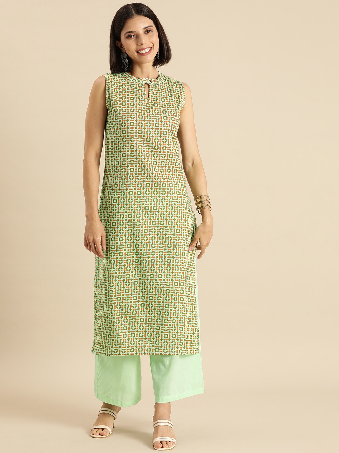 

Anouk Women Green & Rust Orange Printed Pure Cotton Kurta Set