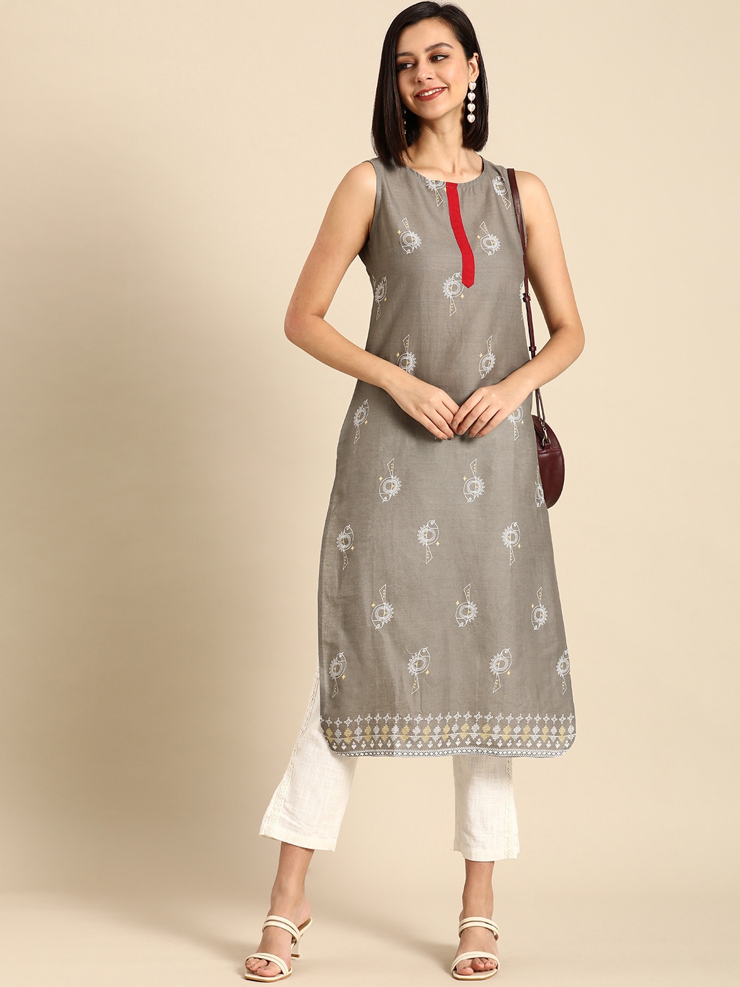 

Anouk Women Grey & White Quirky Printed Pure Cotton Straight Kurta