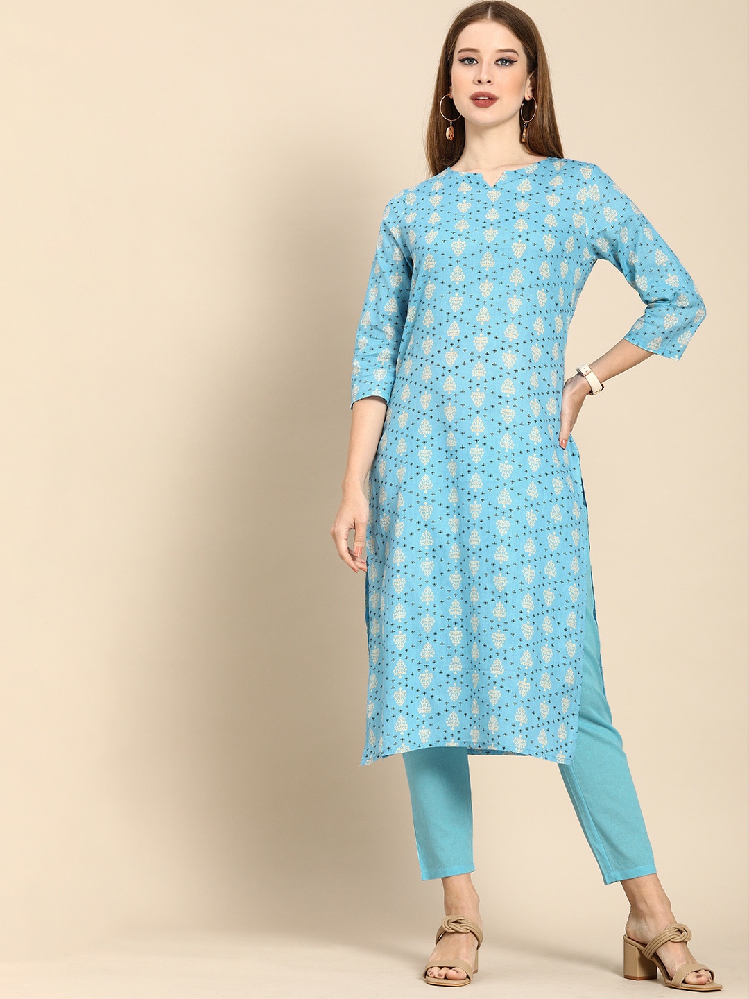 

Anouk Women Sky Blue Ethnic Motifs Printed Pure Cotton Kurta with Trousers