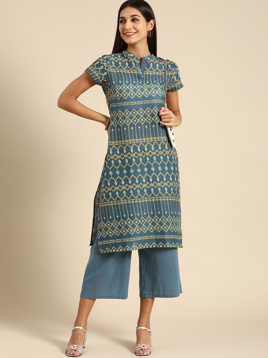 

Anouk Women Grey Ethnic Motifs Printed Pure Cotton Kurta with Palazzos