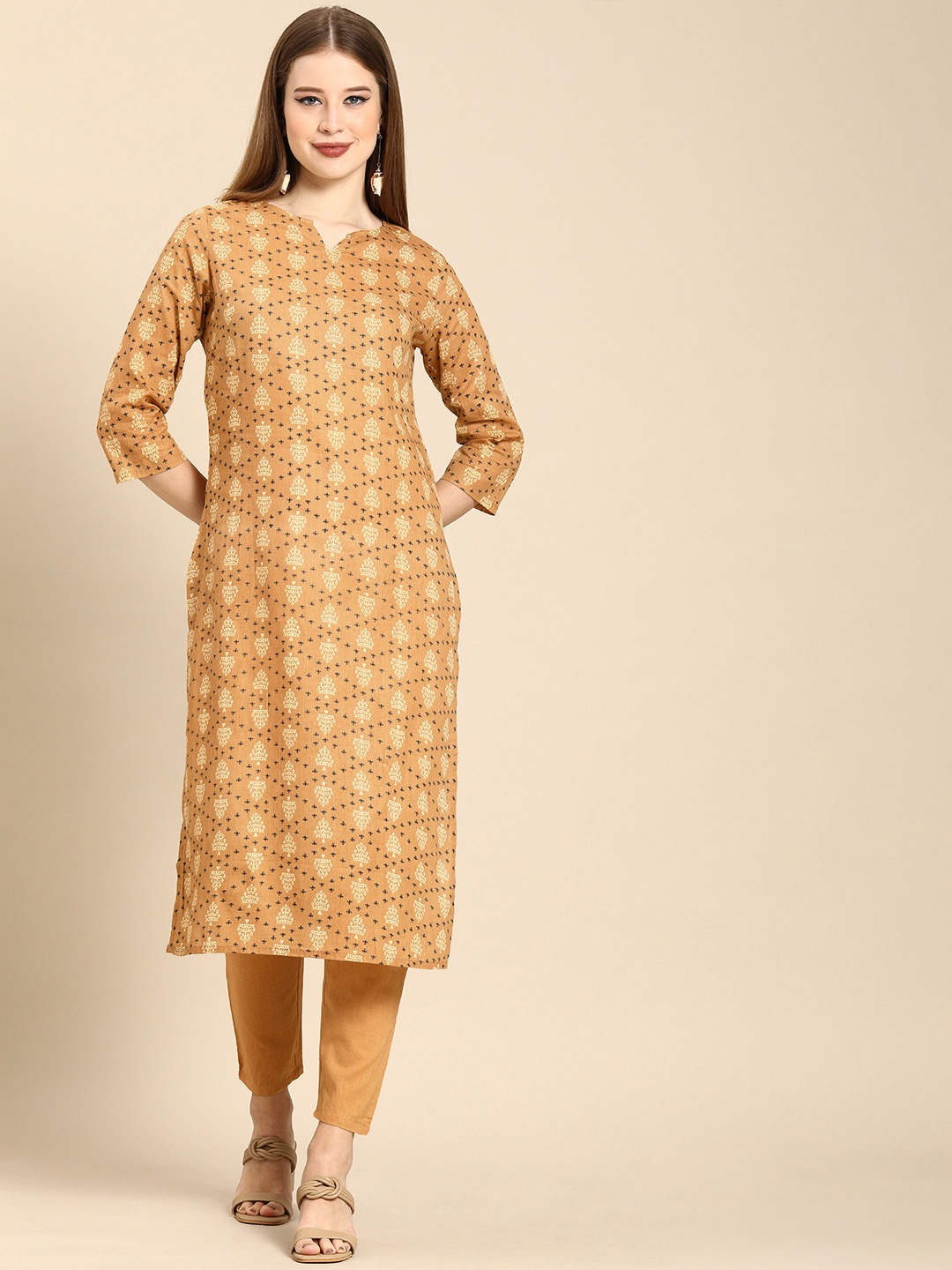 

Anouk Women Mustard Yellow Ethnic Motifs Printed Pure Cotton Kurta with Trousers