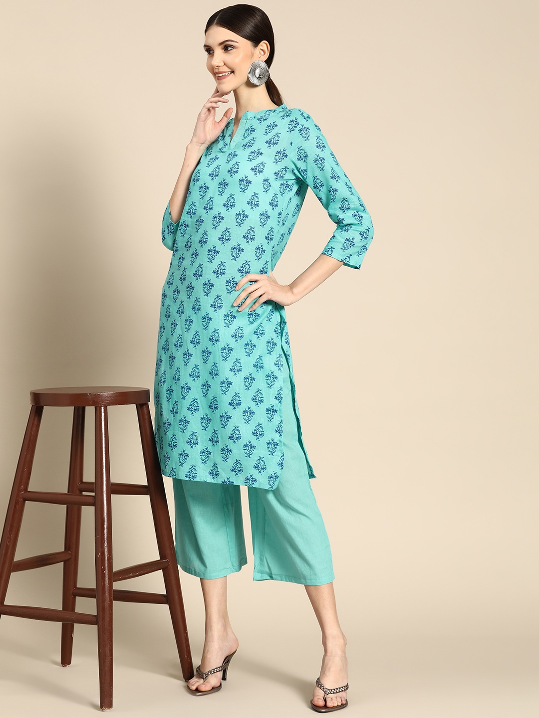 

Anouk Women Blue Printed Pure Cotton Kurta with Palazzos
