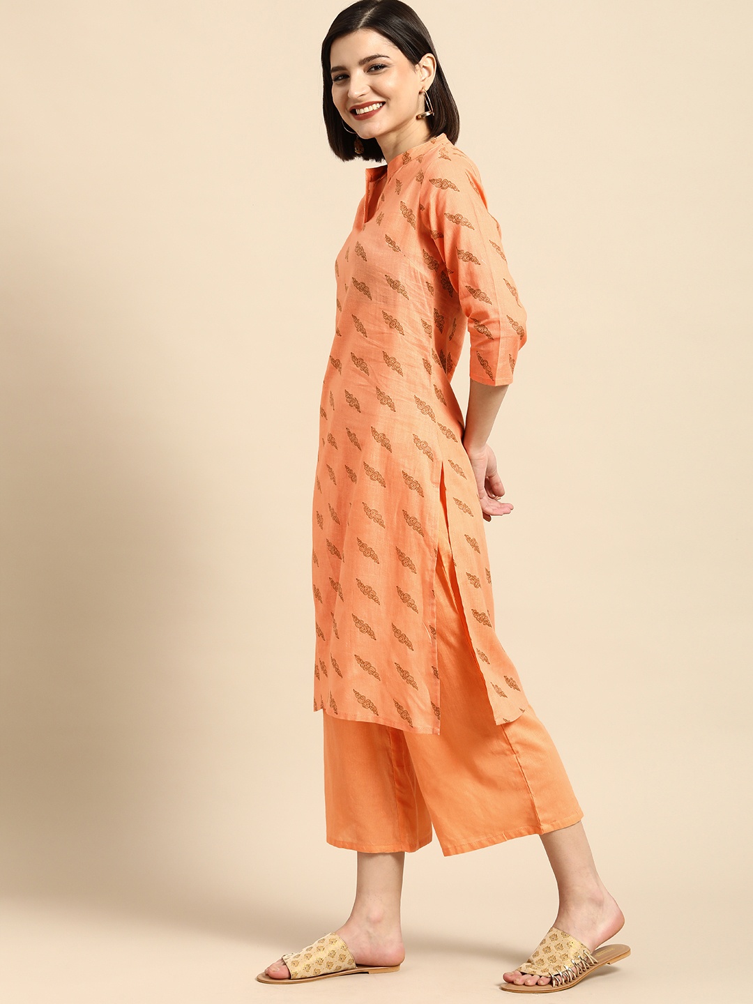 

Anouk Women Coral Ethnic Motifs Printed Pure Cotton Kurta with Palazzos