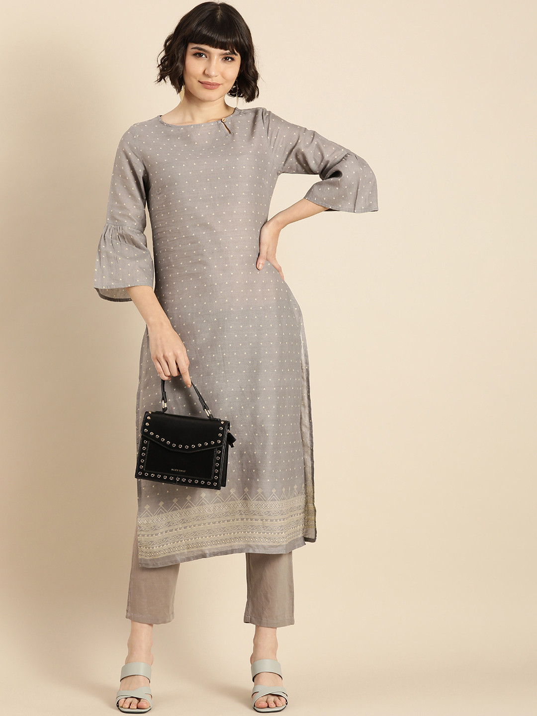 

Anouk Women Grey Ethnic Motifs Printed Pure Cotton Kurta with Trousers