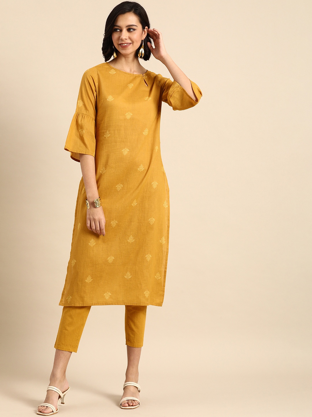 

Anouk Women Mustard Yellow Ethnic Motifs Printed Pure Cotton Kurta with Trousers