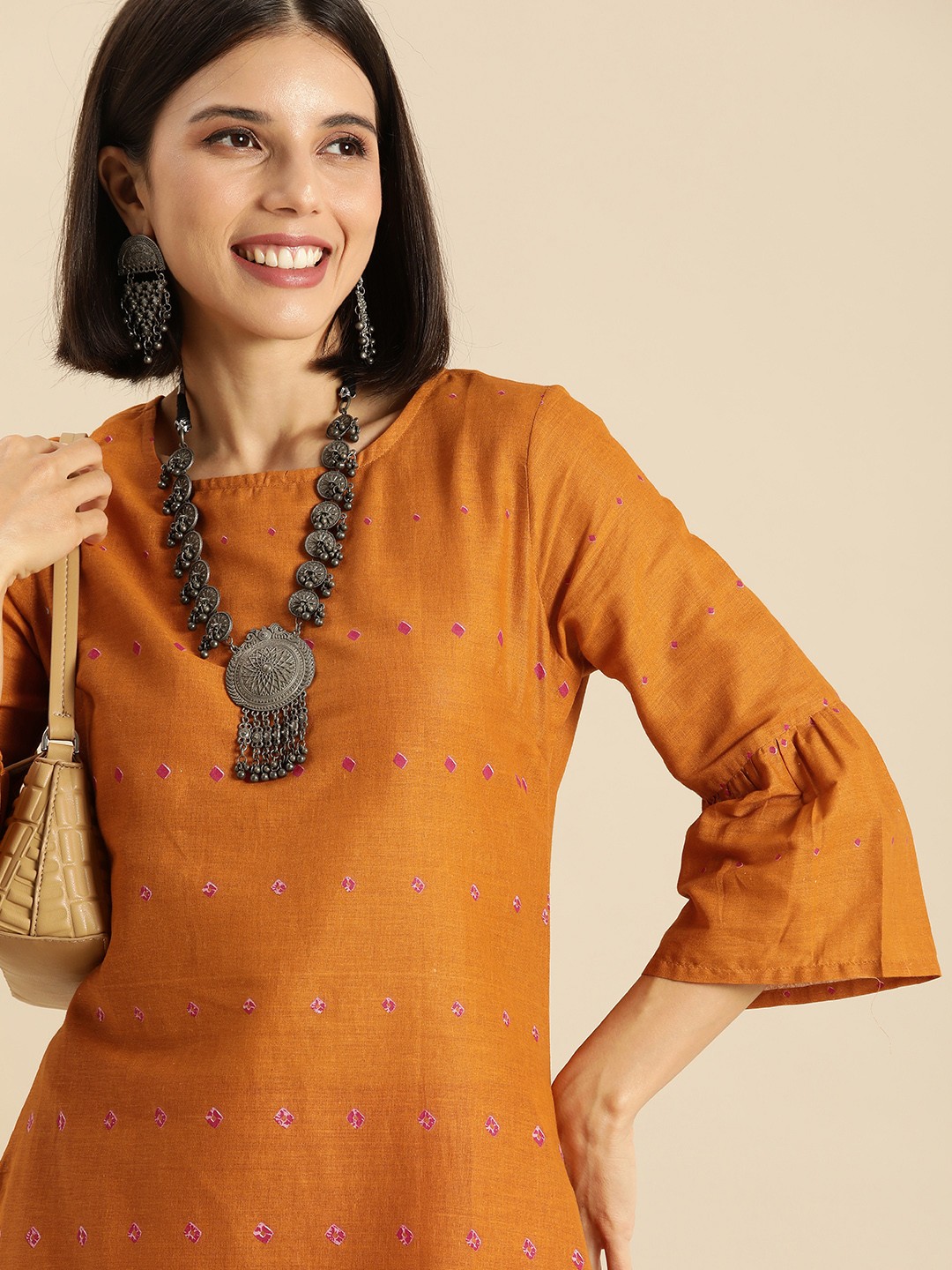 

Anouk Women Mustard Yellow & Pink Geometric Printed Bell Sleeves Kurta