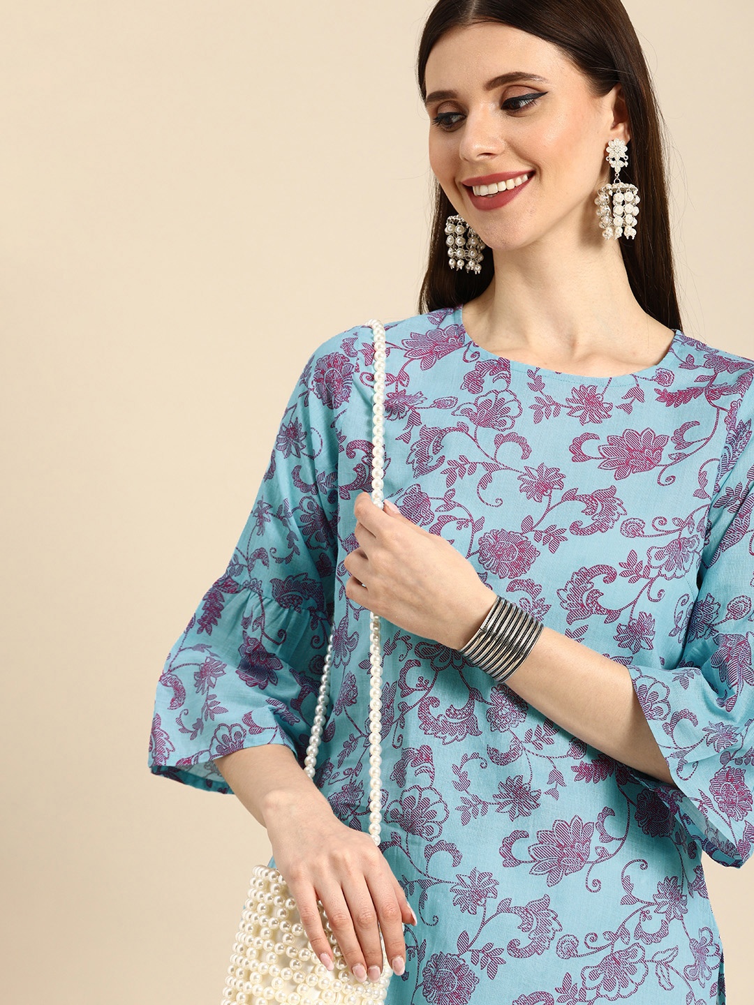 

Anouk Women Blue & Pink Floral Printed Bell Sleeves Pure Cotton Kurta